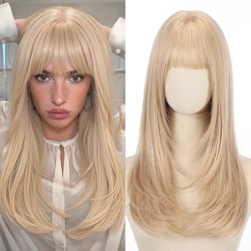 testar Blond gładka peruka z grzywką, dla kobiet, naturalna, syntetyczna, odporna na wysokie temperatury, dla dziewcząt, do codziennego użytku, na imprezę, cosplay i Halloween (56 cm)