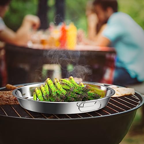 Image of SafBbcue 13 inch BBQ Smoking Drip Pan for Big Green Egg Grilling Accessory, Also for Kettle Charcoal Grills Pizza Cake Baking Tray, for Gourmet BBQ System Accessory, Stainless Steel Round