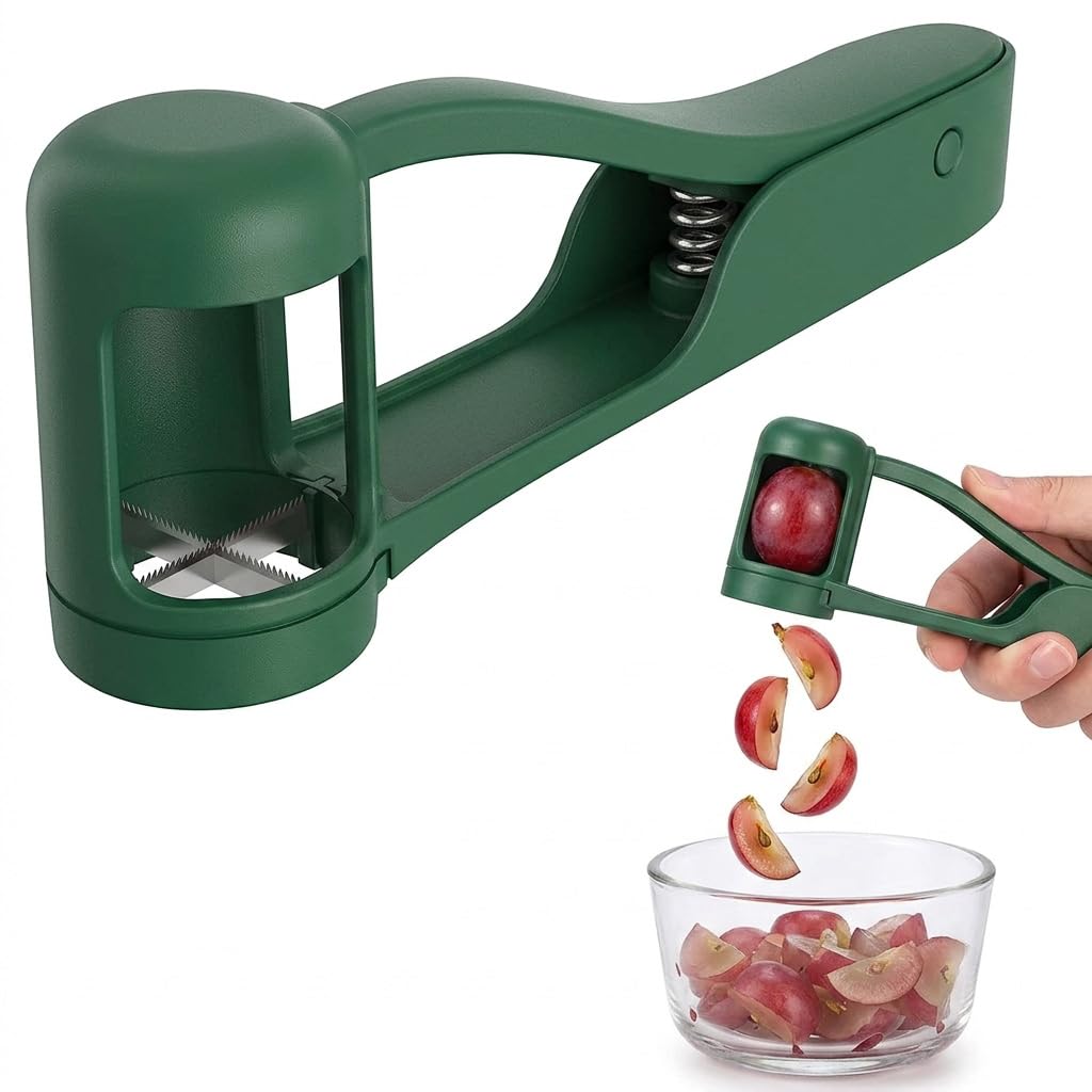 Grape Cutter for Toddlers,Fruit Slicer,Tomato Cherry Strawberry Olive Multi Grape Quarter Cutter Tool,Stainless Steel Blades and Body, ABS Plastic Handle,Non-Slip,Kitchen Gadget (Green)