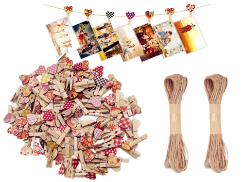 Kellegour 150 Pcs Pinces en Bois en Forme de Cœur,avec 2 Cordon de Jute de 20m,Mini Couleur en Bois Clip Photo Décorative,Clips en Bois,Pince pour Photo Colorée,pour Décoration DIY Photo Carte Postal Cover