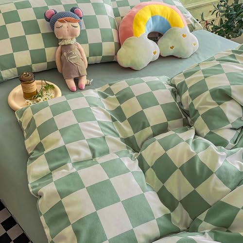 Image of KAREVER Green White Grid Comforter Set King Sage Green Plaid Bedding Set Women Light Green White Checkered Bed Set Breathable Blanket Set Men Durable Bedding Comforter Set