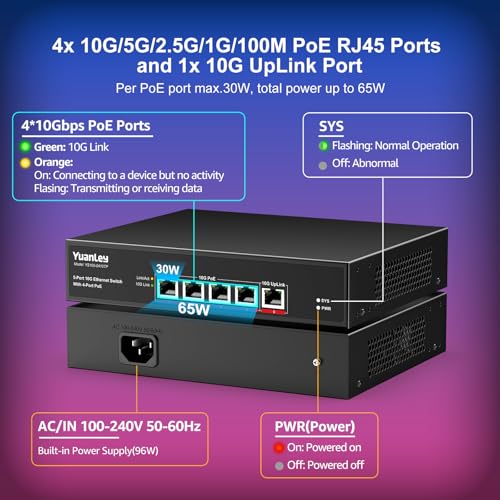 Image of YuanLey 5-Port 10G PoE Switch Unmanaged with 4-Port PoE, 4 x 10G Base-T RJ45 Ports, 1 x UpLink, IEEE802.3af /at, 65W Built-in Power, Compatible with 1G /2.5G /5G /10G, Rackmount 10Gbe Network Switch