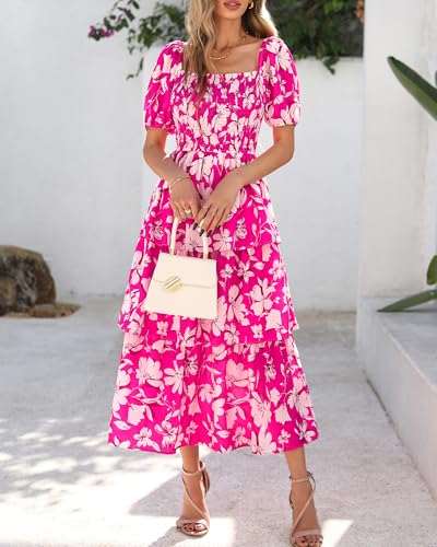 Image of BTFBM Womens Floral Smocked Summer Maxi Dresses | Square Neck Puff Short Sleeve Ruffle Tiered, 2026 Trendy Casual Sundress, Cruise Holiday Beach Vacation Wedding Guest Dress