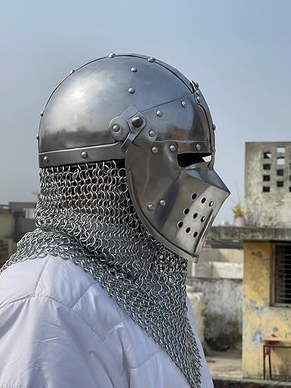 Handmade Steel Knight Helmet with Chainmail Coif | Medieval Armor Cosplay Crusader Helmet