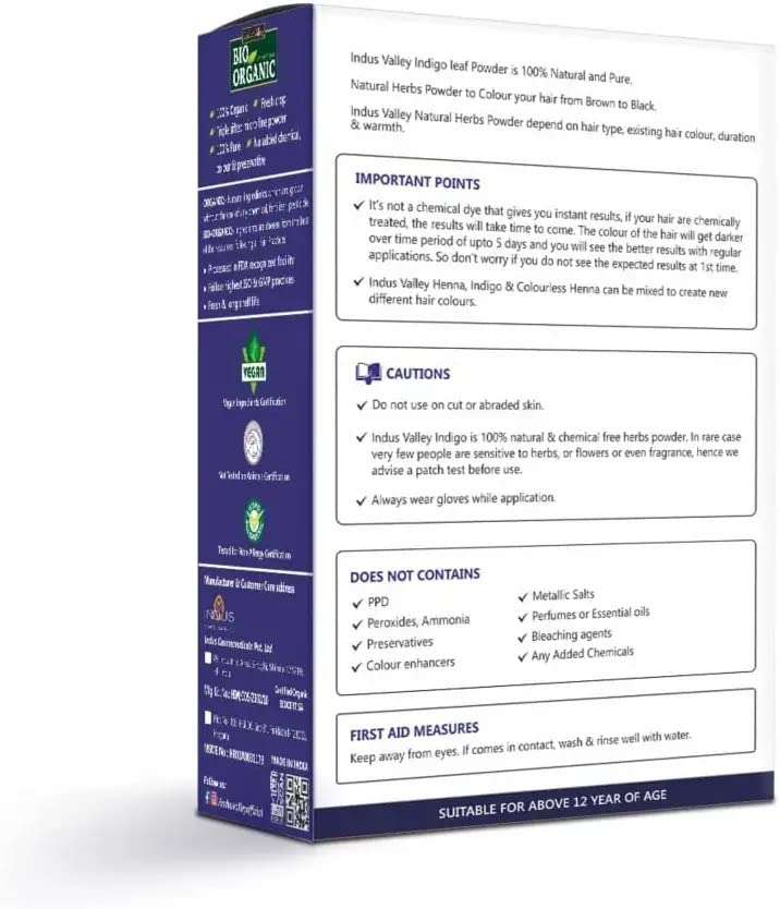 Bio Organic Indigo Powder, 100% Certified Organic, Triple-sifted & microfine Powder, Cruelty-Free & Vegan, Indigofera Tinctoria Powder for Natural Hair Coloring, Arrests Early Greying & - 100g