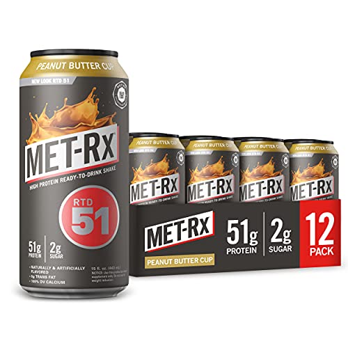 MET-Rx Ready to Drink Protein Shake, Keto Diet Friendly, Snack, Gluten Free, 51g of Protein, With Vitamin A, Vitamin D, and Zinc to Support Immune Health, Peanut Butter Cup, 15 Fl Oz (Pack of 12)