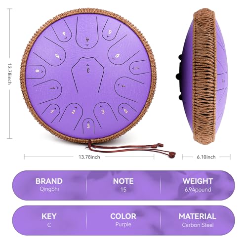 Image of Steel Tongue Drum-14 Inch 15 Notes Tongue Drums, Steel Drum Instrument for Adults, Handpan Drums with Music Book, Handpan Drum Mallet, and Carry Bag, C Major (Purple)