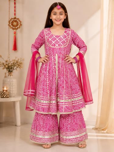 Image of Preneum Girl's Cotton Rayon Bandhani & Lahariya Printed Angrakha Kurta with Sharara & Dupatta