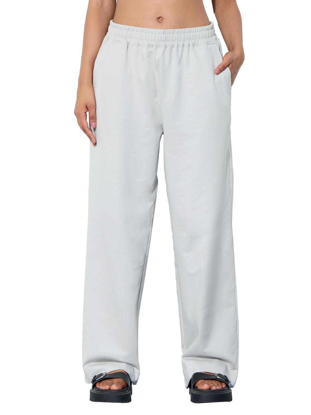 The Souled Store Flared Joggers: Cloudy Grey Women and Girls Pull On Solid Cotton Loose Fit Flared Joggers in grey