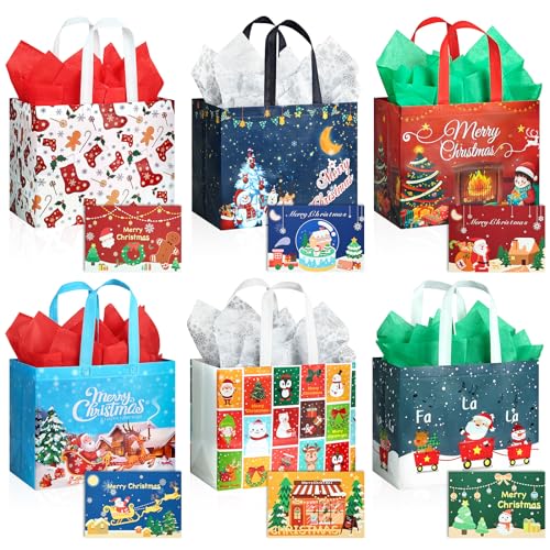 Image of JMANNI Gift Bags (6pc) - Christmas Bags with Tissue Paper & Cards, Non-Woven, Durable, Reusable, for Gifts Wrapping, Holiday Parties & Shopping