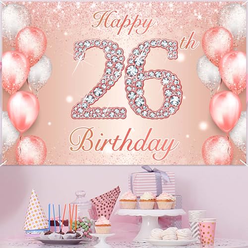Image of Happy 26th Birthday Rose Gold Banner Cheers to 26 Years Old Backdrop Confetti Balloons Theme Decor for Women 26 Years Old Pink Birthday Party Decorations Bday Supplies Background Favors Gift Glitter