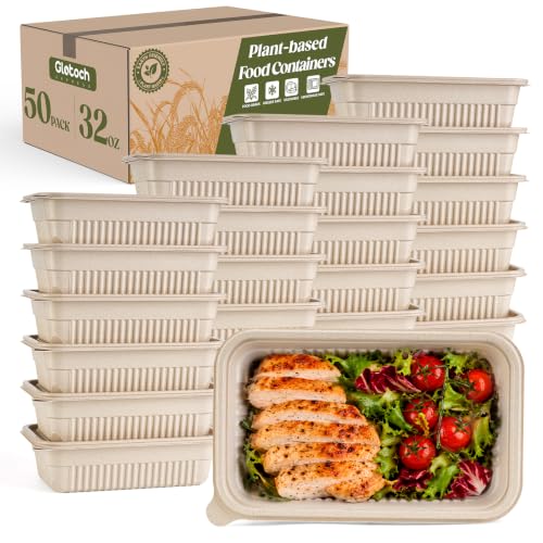 Glotoch 50 Pack(100-Piece) 32oz Meal Prep Containers Resuable with Lids Plant-based Disposable Food Containers for Salad Lunch, BPA-Free Sturdy Leakproof Take Out Containers Microwave and Freezer Safe