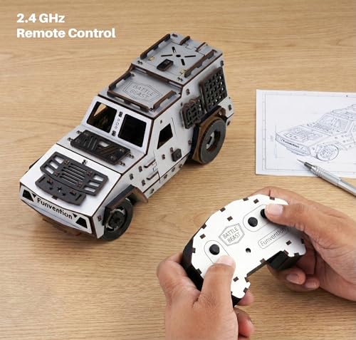 Image of Funvention DIY Battle Beast Remote Controlled Car Kit | Build & Race Wooden RC Car Model | Glue-Less Assembly | Dual Motors, 2.4GHz Remote, Rechargeable Battery | STEM Learning Toy for Kids 8+