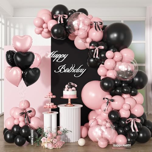 157Pcs Pink Black Balloon Garland Arch Kit Baby Pink and Black Birthday Decorations with Bows Heart Foil Balloons for Girls Women Coquette Theme Birthday Wedding Bridal Baby Shower Party Decorations