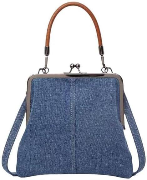 QIANAIWO Mini Denim Crossbody Bag For Women,2025 Womens Small Blue Denim Tote Kiss Lock Purse Handbag for Daily Life