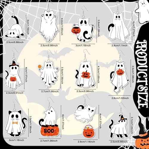 Misdary 12 Pairs Halloween Earrings for Women Ghost Cat Wooden Earrings Dangle Pendants Cute Halloween Wood Jewelry Gifts2