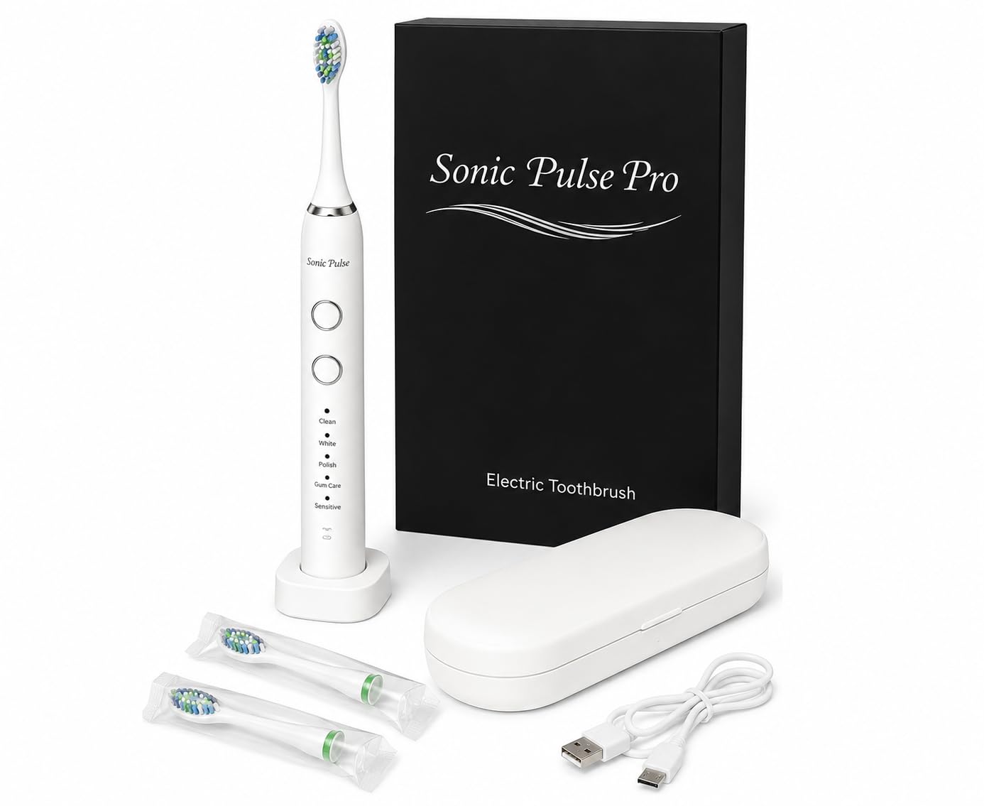 Rechargeable Sonic Toothbrush for Adults with USB Charging Base, Soft Bristles, 5 Cleaning Modes, 3 Intensity Levels, 60-Day Battery Life, IPX7 Waterproof, White