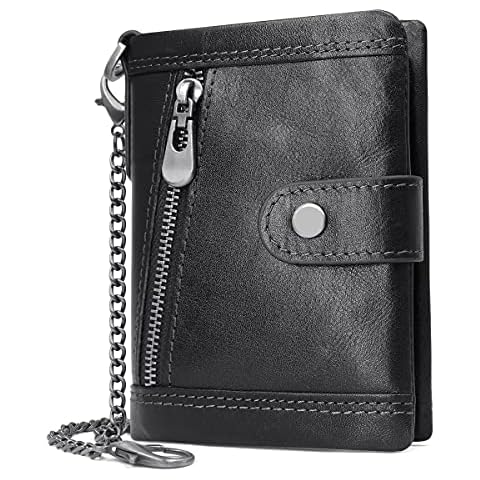 HNOOM Mens Wallet RFID Blocking Real Leather Wallet Mens with Chain Slim Bifold Wallet for Men with Coin Pocket and 17 Credit Card Holders, Mens Leather Wallet Coin Purse for Men with Gift Box (Black) Cover