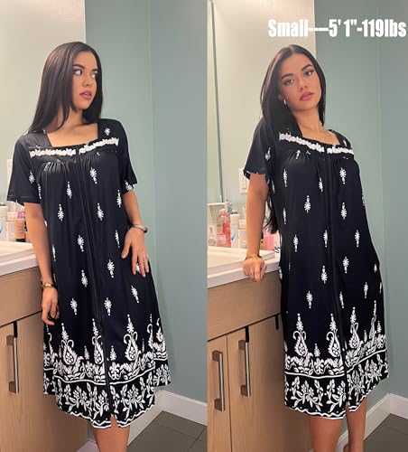 Image of Ekouaer Women Zipper Robe Short Sleeves House Coat Zipper Front Bathrobe Sleepwear with Pockets Housecoat Nightgown