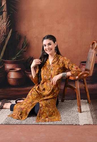 Image of Ichaa Women's Pure Cotton A-Line Ethnic V-Neck Kurta with 3 /4th Sleeve for Daily and Office Wear, in Plus Sizes