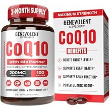 Benevolent Pure CoQ10 200mg Softgels with BioPerine for Max Absorption, Ubiquinone Coenzyme Q10 Supplement for Heart Health, Energy Production, Healthy Aging & Antioxidant Support, 100 Softgels