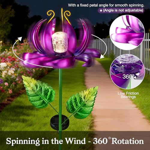 Image of Solar Yard Lights Wind Spinners- Metal Lotus Flower Garden Decor LED Crackle Glass Globe Yard Art Sculpture Solar Stake Lights for Patio Pathway Lawn Walkway (Purple-Large)