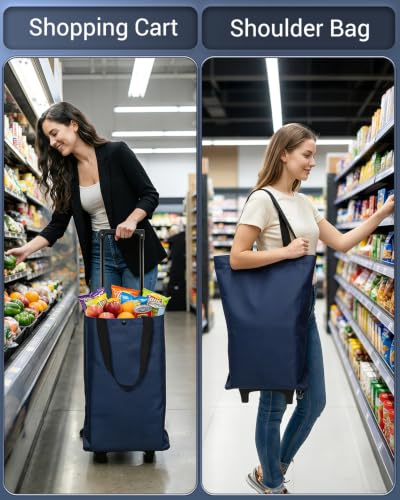 Image of Rolling Shopping Bag, Small Collapsible Shopping Cart with Wheels(Blue)