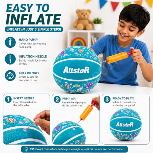 Image of PLUSPOINT Kids Basketball with Air Pump | Colorful Printed Rubber Basketball for Indoor & Outdoor Play | Training Sports Ball for Kids | Easy Grip Recreational Basketball