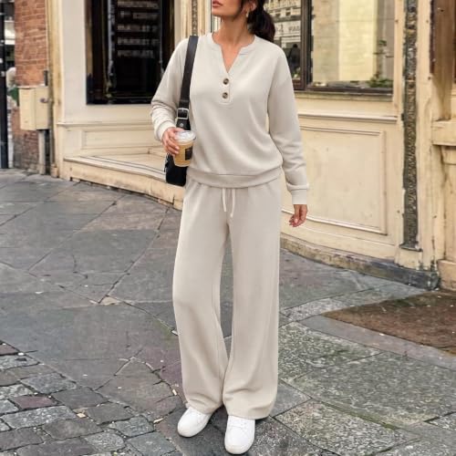Gryvoilet Lounge Matching Set for Women 2 Piece Sets Fall Outfits Henley Neck Sweatshirt Wide Leg Sweatpants Airport Travel Two Piece Outfits Travel Vacation - image 3