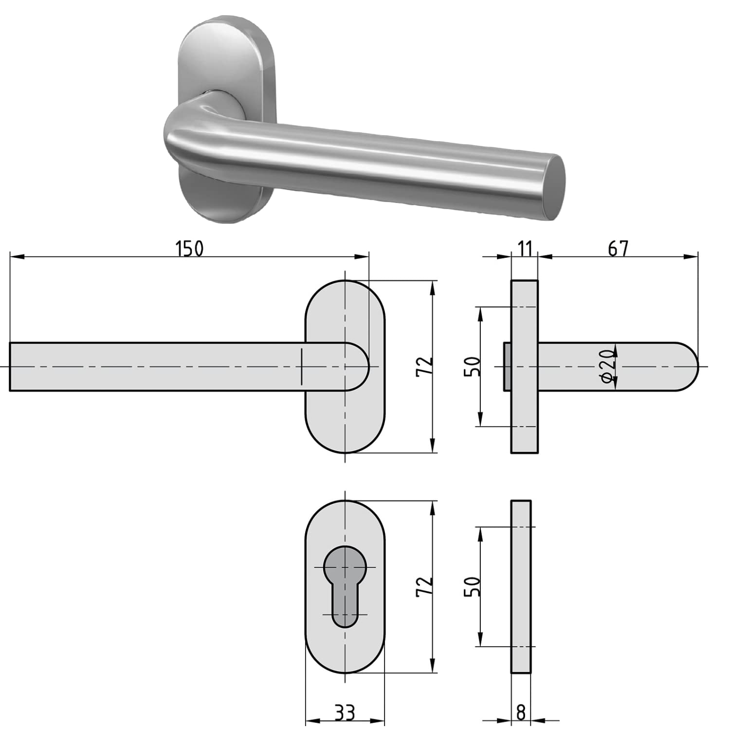 BASI | Komplettset für Haustür aus Edelstahl | Stoßgriff mit Beschlag und Abdeckungen | Haustürgriff Stangengriff | Länge: 600 mm - Abstand: 400 mm