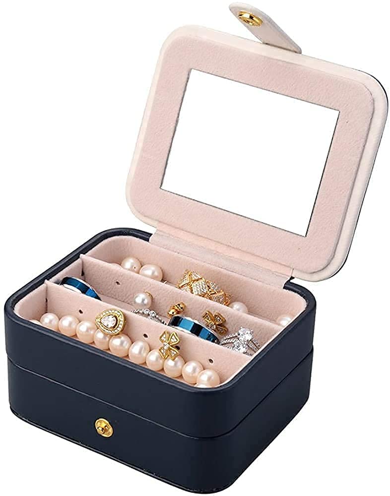 2 Tier with Mirror for Earrings Necklace Jewelry Bracelet Organizer Jewellery Storage Box (White) (Darkblue)