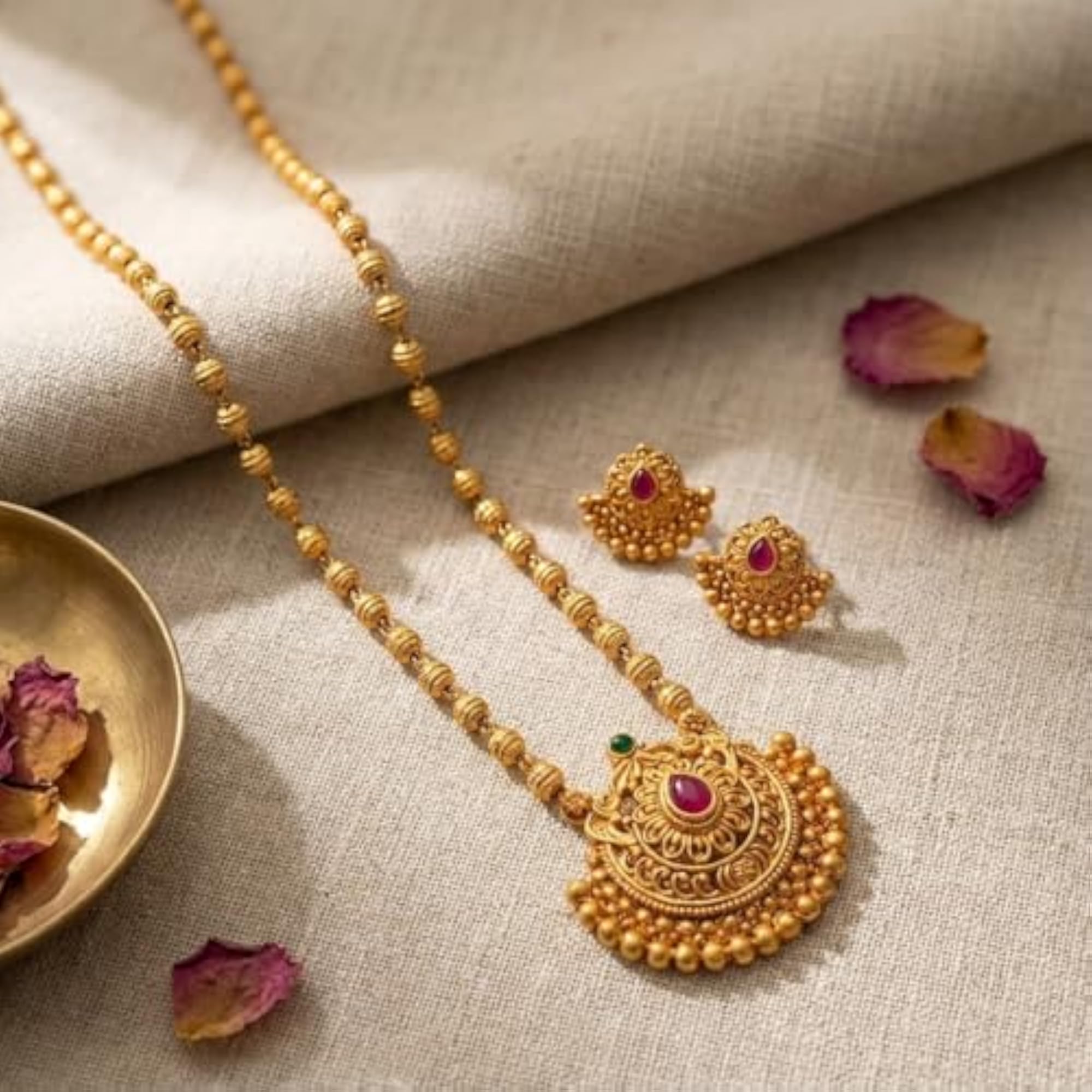 Golden Traditional Bormala Necklace Set with Matching Earrings