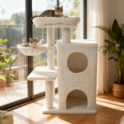 Torre para gato con condo y postes de sisal beige miniatura 2