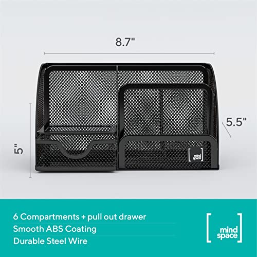 Mindspace Office Desk Organizer with 6 Compartments + Drawer | The Mesh Collection, Black… - Thumbnail 3
