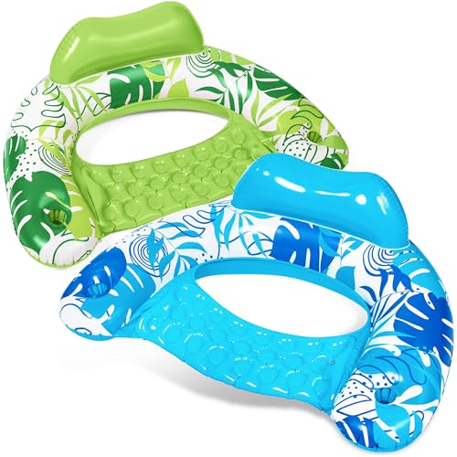 SLOOSH Aufblasbare Pool-Flöße für Erwachsene, 2er Poolstühle mit Getränkehaltern, aufblasbarer Schwimmstuhl, Blätterdesign für entspannte Sommer-Wasserfreude, Schwimmparty, Strand, Blau, Grün