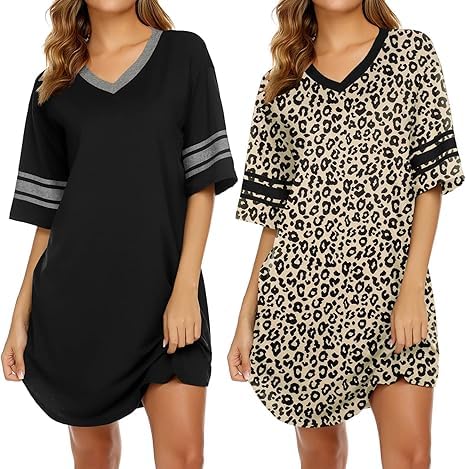 Ekouaer 2er Nachthemd Damen Kurzarm Schlafshirt Kurz V-Ausschnitt Sleepshirt Lose Schlafkleid Nachtwäsche S-XXL