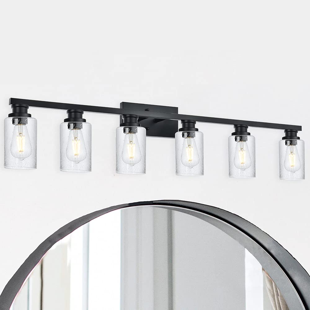 VINLUZ 6 Light Vanity Light in Black Finish with Seedy Glass,Farmhouse Bathroom Lighting Fixture Industrial Metal Wall Mount Lights for for Cabinet Corridor