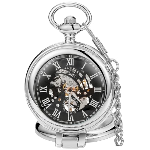 Image of Transparent Cover Mechanical Pocket Watch for Men Vintage Skeleton Dial Clock Hand Wind Male Fob Chain Watches(Silver)