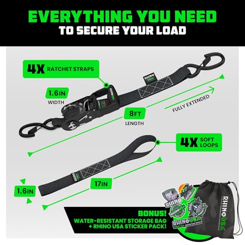 Image of Rhino USA Heavy Duty Ratchet Tie Downs (4-Pack) - 1.6in x 8ft, 5,000lb