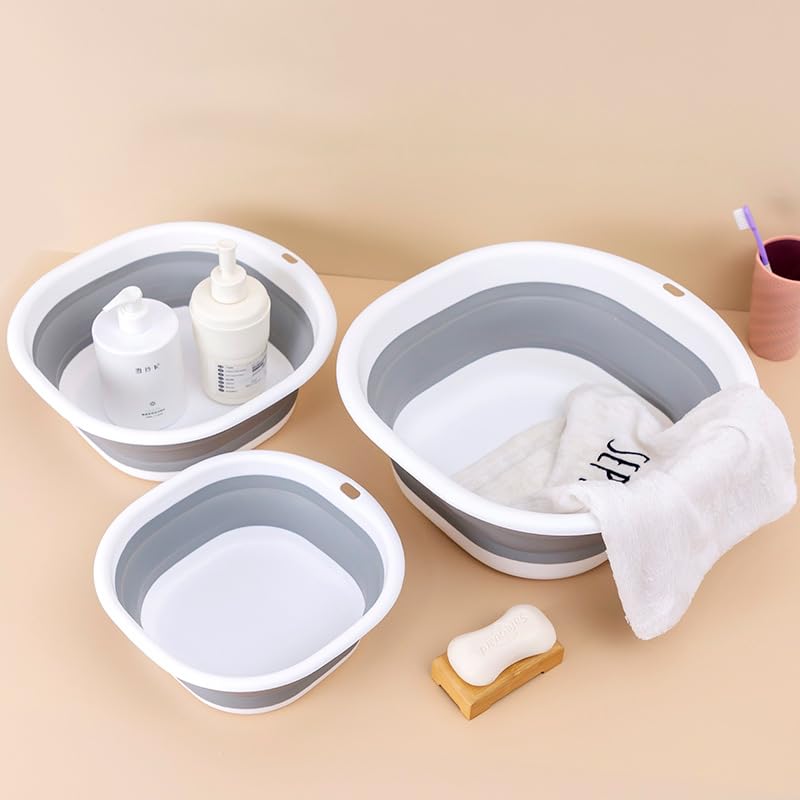 LAJUU Foldable Wash Basin Set of 3, S,M,L, Plastic+TPR Buckets, Portable and Space Saving, Multipurpose Foldable Washbasin Lightweight Basin, Collapsible Basin for Camping Sink (A)