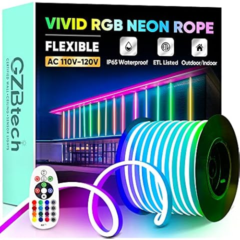 GZBtech RGB LED Neon Rope Lights 100FT/30M, AC 110-120V Waterproof Color Changing LED Rope with Remote Controller, Dimmable Multi Color Neon Rope Lighting for Indoor Outdoor Commercial Use Cover