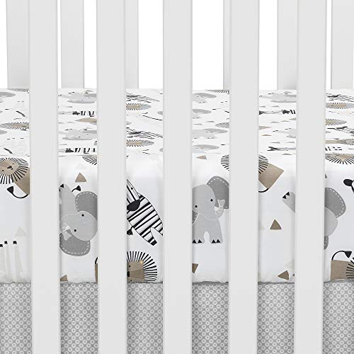Image of Lambs & Ivy Jungle Safari 100% Cotton White /Gray Elephant /Lion Fitted Crib Sheet