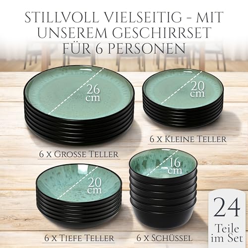 Steingut Geschirrset 6 Personen Ibiza 24 tlg. TESTSIEGER, Traumhaftes Mediterranes Steingut Geschirr Set, Schüssel- und Teller Set, Tafelservice 6 Personen, Geschirrsets Pure Living in Salbeigrün