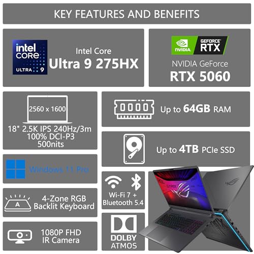 Image of ASUS ROG Strix G18 G815 Gaming AI Laptop | 18 inch 2.5k IPS 240Hz (100% DCI-P3, 3ms) | Intel 24-Core Ultra 9 275HX | 32GB DDR5 4TB SSD | GeForce RTX 5060 | RGB Backlit Wi-Fi7 Win11 Pro w /DLCA Accessory
