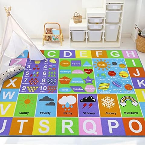 Capslpad Kids Rug for Learning Alphabet,Numbers,Shapes,Weather,Planets,Kid Area Rug,Non Slip Play Mat for Children Playroom,Classroom,Bedroom,Toddler,Nursery,5'0 x 6'6Feet Cover