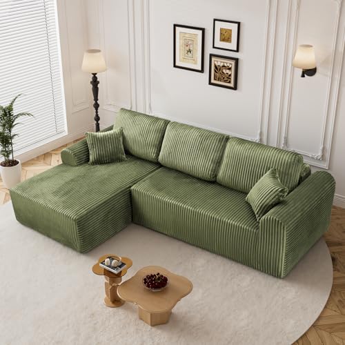 Image of 110 inch L Shaped Boneless Sectional Couches for Living Room, Comfy Corduroy Floor Cloud Sofa with Chaise, Wide Armrest, Deep Seat, Memory Foam, Assembly Free, Ideal for Small Spaces, Green