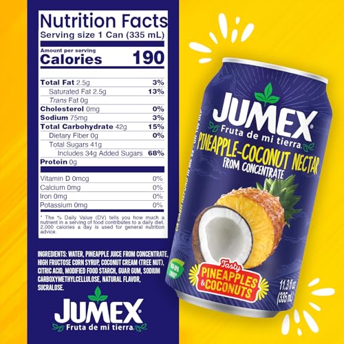 Image of Jumex Pineapple Coconut Nectar - Made with Pineapple Juice & Coconut Cream - Tropical Fruit Juice Concentrate for Smoothie Mix, Cocktail Mixers, Kids Drinks & Beverages - 11.3oz, 24 Pack Canned Drinks