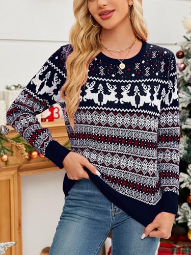 Image of Women's Christmas Sweater,Crew Neck Long Sleeve Soft Warm Winter Snowflake Reindeer Xmas Pullover Tops
