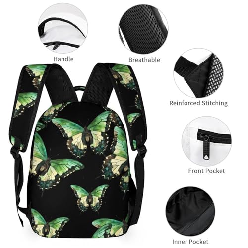 Three Color Green Butterflys Travel Backpack Lunch Box Pencil Case 3Pcs Set for Men Women Office Outing University3