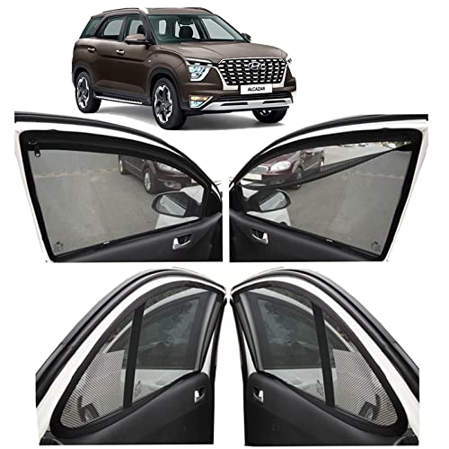 Image of Autofact Magnetic Car Sunshades Compatible with Hyundai Alcazar (2022 to 2024) (Set of 4) - Easy Installation, UV Protection, Keeps Car Cool (Front 2 with Zippers, Rear 2 Without Zippers)